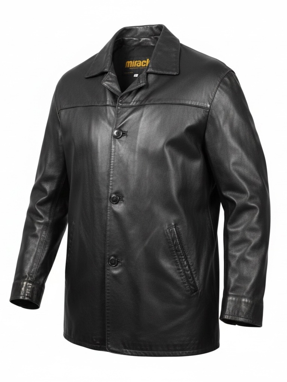 Miracle Men’s Black Leather Pea Coat - Classic Button Front